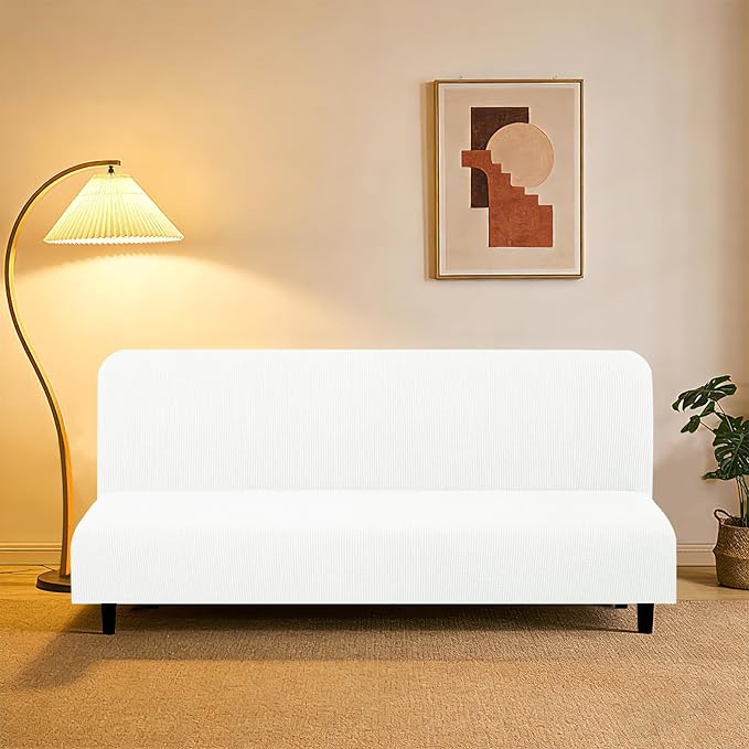 U-NICE HOME Stretch Futon Cover Armless Bed Slipcover - Soft Jacquard Fabric Washable for Pet Friendly, Ivory White