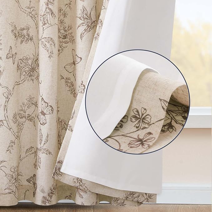jinchan Floral Curtains Lined Linen Blend Curtain for Living Room 84 Inch Length Taupe Farmhouse Flower Patterned Curtain French Country Curtains Drapes Back Tab Rod Pocket 2 Panels