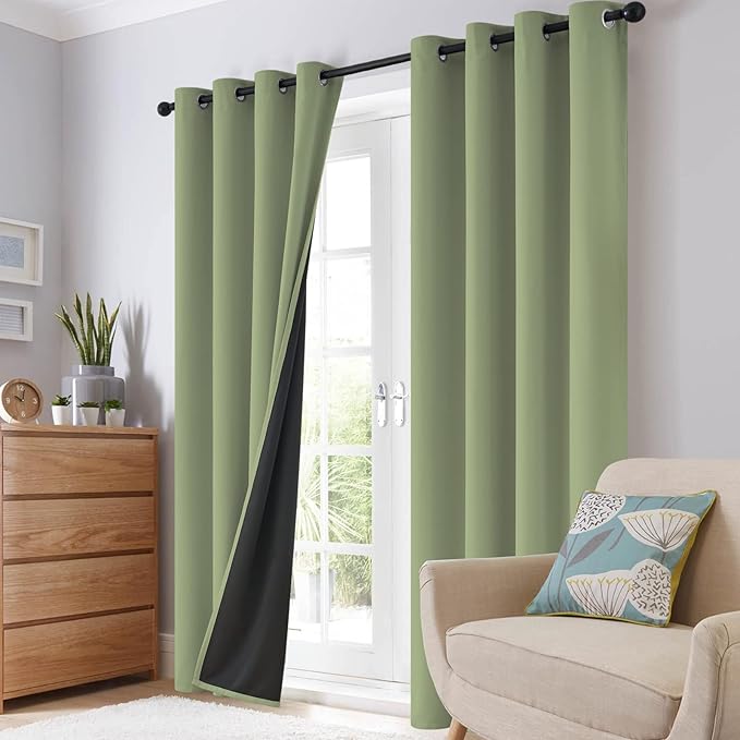 SimpleHome 100% Blackout Curtains for Bedroom,Thermal Insulated Sage Grommet Window Drapes Room Darkening Curtains for Living Room with Black Back,62 x 84 Inch,2 Panels