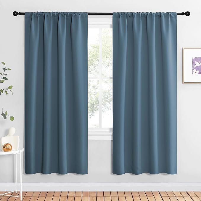 NICETOWN Blackout Curtains for Living Curtains, Smoky Blue, 1 Pair, 34-inch W x 72-inch L, Home Decorations Thermal Insulated Solid Pole Top Blackout Drapes for Living Room
