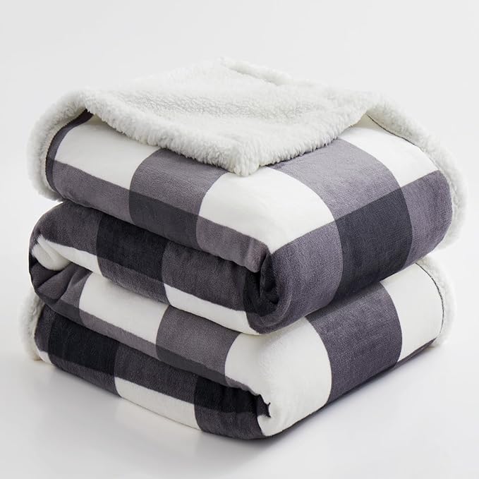 PU MEI Sherpa Blanket Fleece Throw Blanket Full Queen Plaid Thick Bed Blanket, Soft Warm Cozy Dark Grey Checkered Throw Blanket 80"*90"