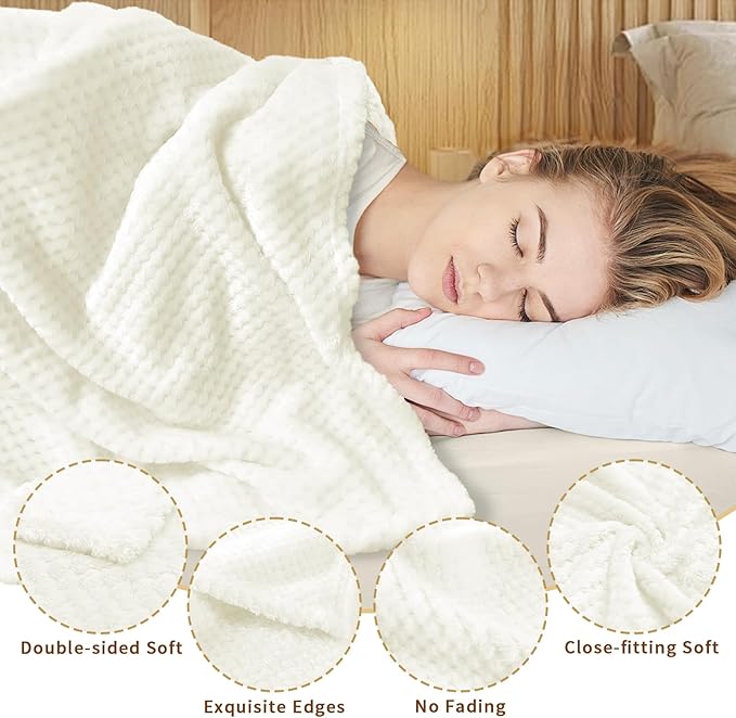 4 Pack Fleece Throw Blankets 50x60 Inches - Oeko-Tex Certified 100, 270 GSM Ultra Soft Plush for Bed, Couch and Cozy Gifts. 3D Waffle Texture, No Shedding No Pilling All Season (Cream)