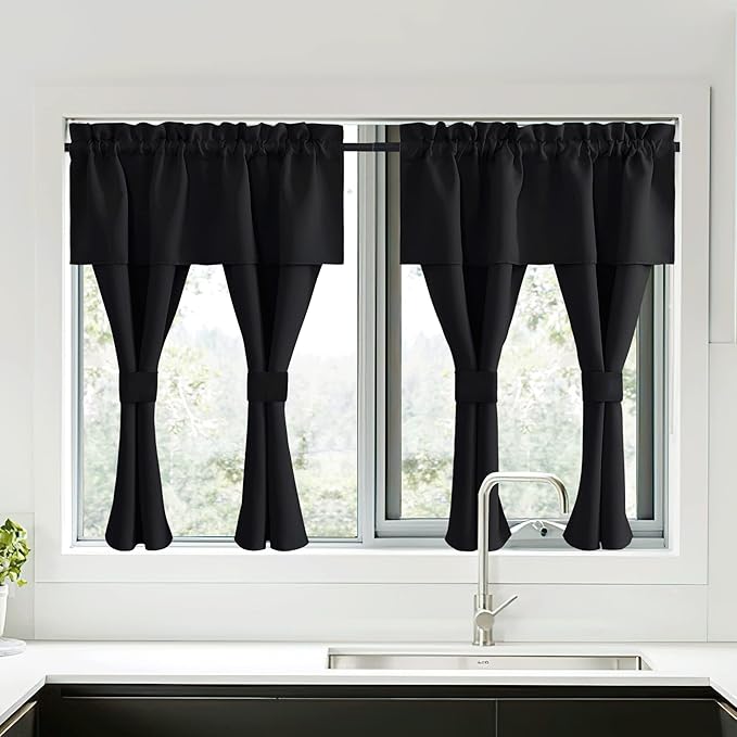 NICETOWN Black Blackout Curtains with Attached Valance, Solid Room Darkening Window Treatment Drapes/Draperies for Bedroom (2 PCs, 52 inches Wide by 45 inches Long)