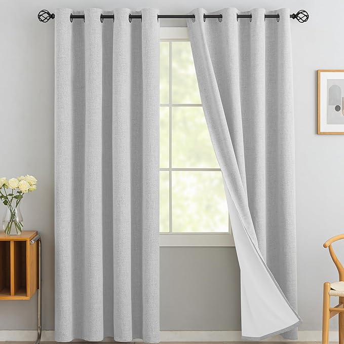 Yakamok White Linen Curtains 100% Blackout 90 Inches Long,Room Darkening Textured Curtains for Living Room Thermal Grommet Bedroom Curtain 2 Panels with Greyish White Liner