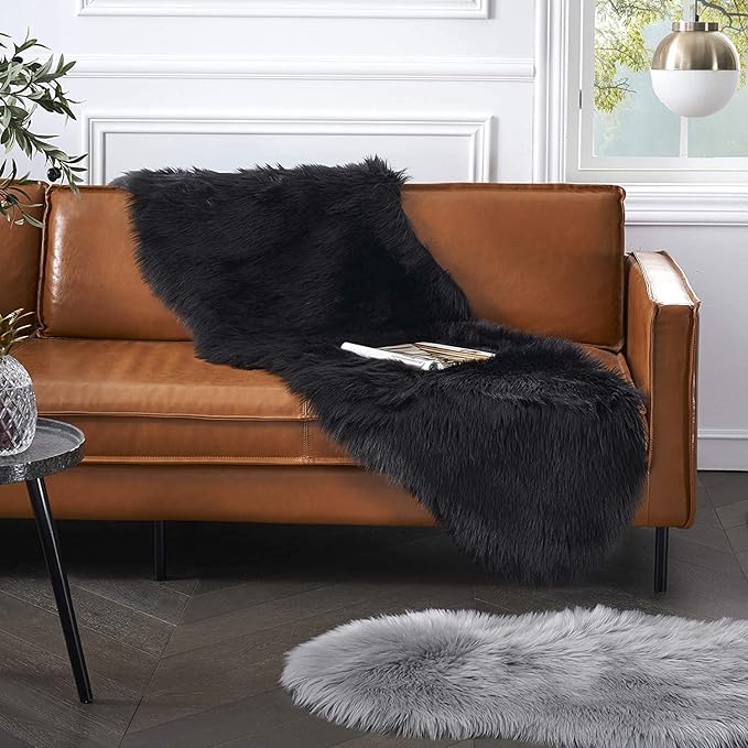 Faux Fur Rug for Bedroom, Fluffy Runner Rugs Soft Sheepskin Rug Sofa Couch Seat Cushion, 2x6ft Black Plush Area Rug Shag Rugs Floor Carpets for Nursery Bedside, Cute Shaggy Fuzzy Home Decor