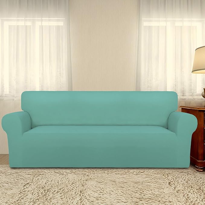 PureFit Super Stretch Sofa Slipcover – Spandex Non Slip Soft Couch Sofa Cover, Washable Furniture Protector with Non Skid Foam and Elastic Bottom for Kids, Pets （Sofa, Cyan）