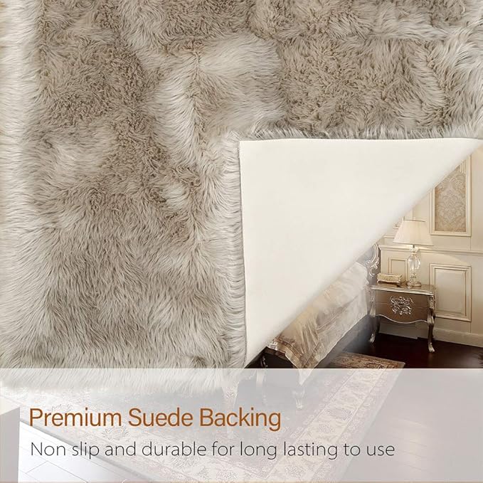 LOCHAS Soft Fluffy Faux Fur Rugs for Bedroom Bedside Rug 2x3 Feet, Washable, Furry Sheepskin Area Rug for Living Room Girls Room, Luxury Shag Carpet Home Decor, Beige