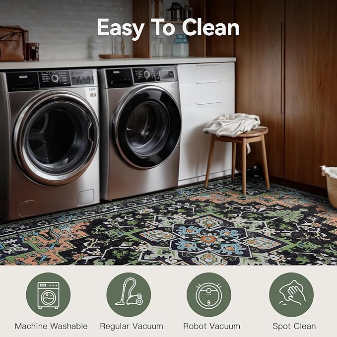 Lofus 9x12 Area Rugs for Living Room, Machine Washable Area Rug, Soft Large Rugs for Bedroom, Kitchen, Office and Indoor, Vintage Boho Carpet, Non-Slip Low Pile Carpets, Dark Green