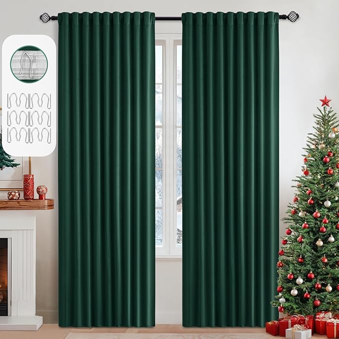 MIULEE Christmas Hunter Green Back Tab Blackout Curtains 90 Inches Long 2 Panels Set for Living Room Bedroom, Rod Pocket/Pinch Pleat Thermal Insulated Room Darkening Pleated Light Blocking Drapes