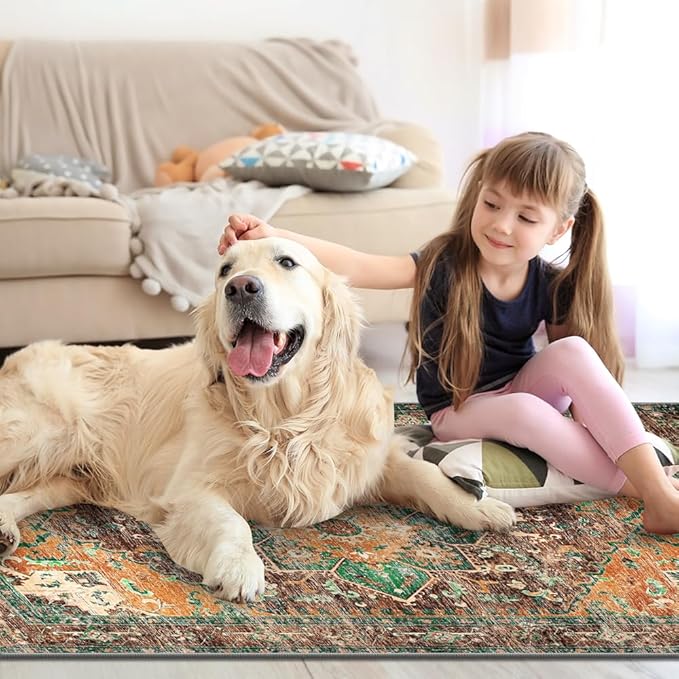 Yamaziot Washable Area Rug for Bedroom, 3x5 Non-Slip Boho Vintage Living Room Rug with Rubber Backing, Low Pile Faux Wool Soft Distressed Rug Floor Carpet for Living Room, Laundry, Kid Playroom