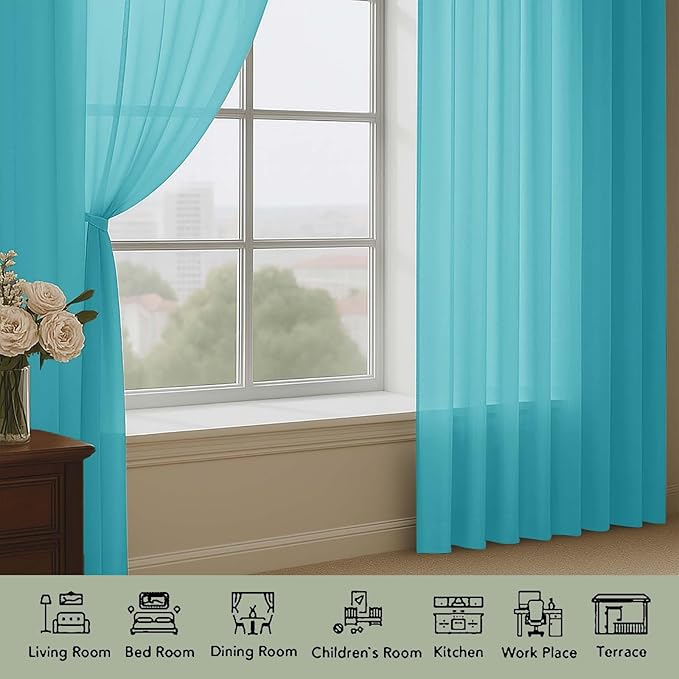 OWENIE Sheer Turquoise Curtains 108 Inches Long for Living Room Bedroom 2 Panels Set, Lightweight Airy Turquoise Sheer Curtain, Filmy Voile Rod Pocket, 2 PCS, Each 59" W x 108" L