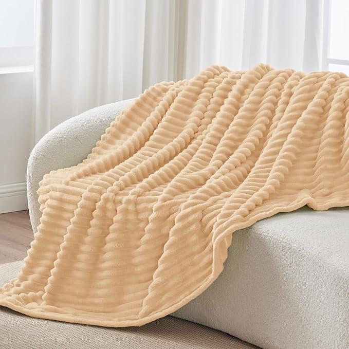 BEDELITE Twin Blanket for Couch & Bed, 300GSM Soft & Warm Fleece Blanket, Decorative and Giftable Striped Blush Sand Blankets for Women, Men, 60"x80"