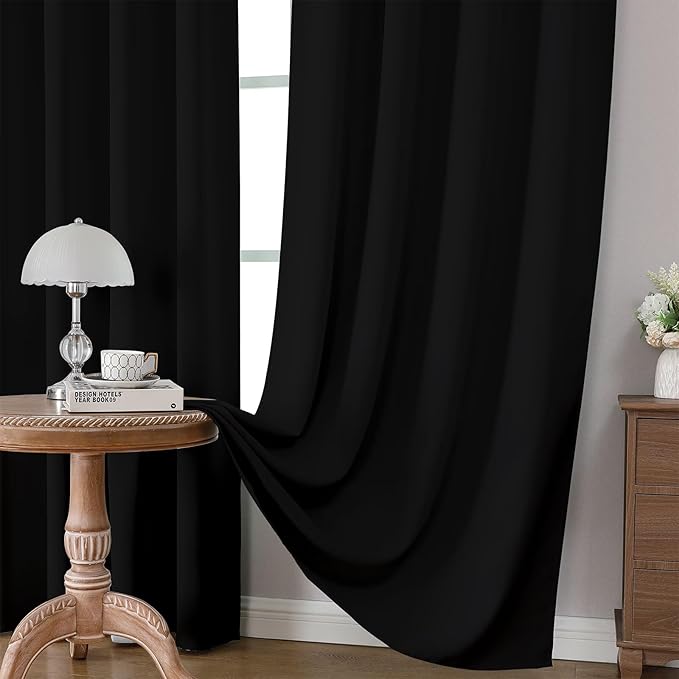 CUCRAF Black Blackout Curtains 96 inch Length 2 Panels Set, Rod Pocket Room Darkening Drapes for Bedroom Living Room, Insulated Thermal Light Blocking Window Curtain (W52 x L96 Inch)