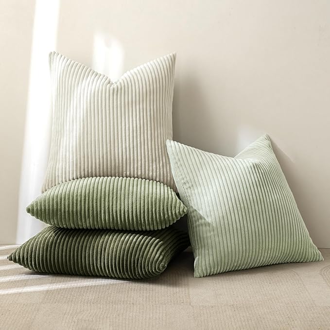 MIULEE Decorative Throw Pillow Covers Set of 4 Summer Light Green Gradient Natural Earthy Modern Classic Soft Corduroy Cushion Covers for Sofa Couch Bed Living Room Spring Home Decor 24x24 Inch