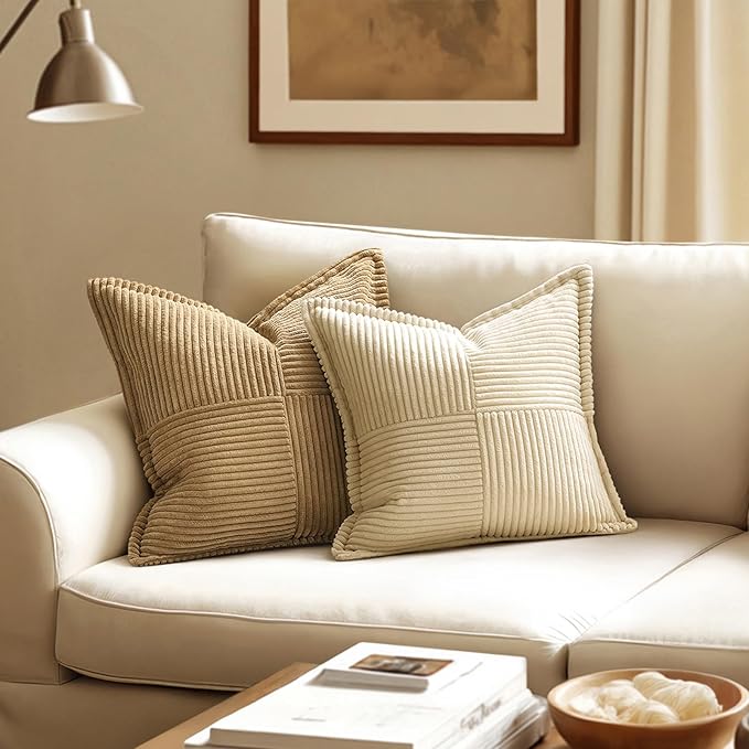 MIULEE Decorative Throw Pillow Covers for Couch Bed Livingroom 18x18 Inch Set of 2 Cream Boho Accent Throw Pllows Broadside Striped Patchwork Soft Corduroy Pillowcases