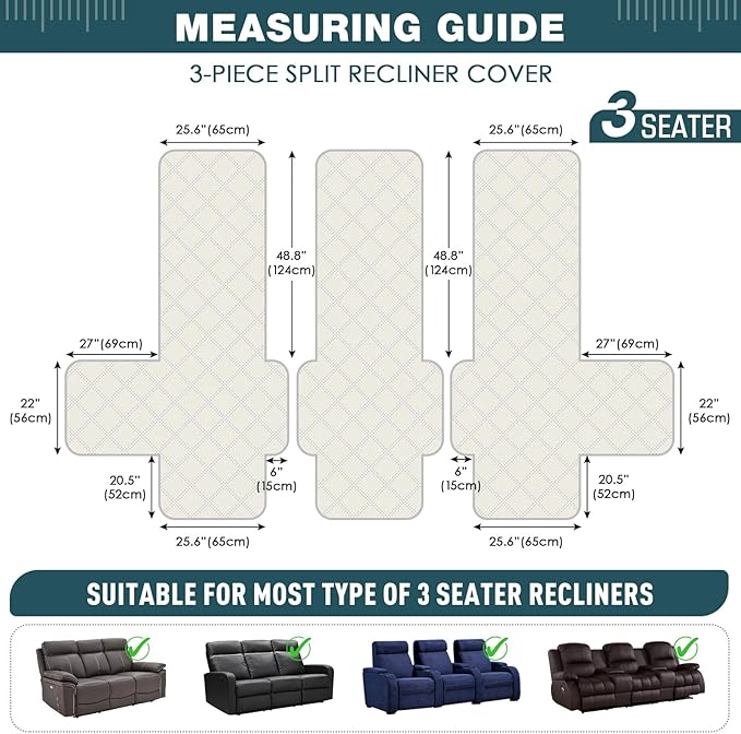 TAOCOCO 100% Waterproof Recliner Sofa Cover, Non Slip Split Couch Covers for Reclining Couches with Straps, Washable Reclining Sofa Cover Furniture Protector for Kids Pets(3 Seater, Peacock Blue)