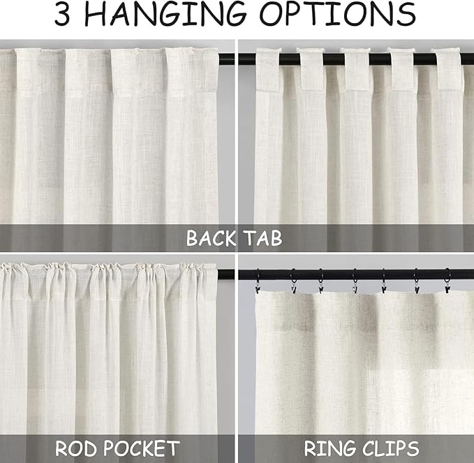 Nanspring 30 Inch Long Cream Curtains for Kitchen Linen Blend Semi Sheer Back Tab and Rod Pocket Light Filtering for Bathroom Small Window Curtain 25 x 30 Inch,2 Panels