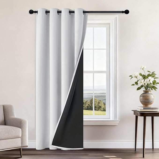 Yakamok 100% Blackout Curtains 96 Inches Long, 2 Thick Layers Heat and Full Light Blocking Soft Thermal Insulated Drapes for Bedroom(52" Wide Each Panel, Greyish White, 1 Panel)