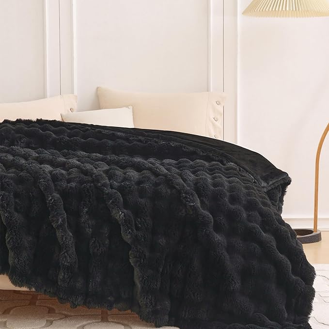 COOVA Faux Fur Throw Blanket for Couch, Cozy Soft and Fuzzy Plush Rabbit Fur Bubble Blanket for Sofa Bedroom Living Room, 60x80 Inches Black
