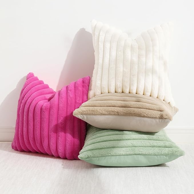 decorUhome Summer Cozy Faux Fur Throw Pillow Covers 24x24 Set of 2 Decorative Soft Plush Striped Modern Farmhouse Boho Couch Euro Sham Pillow Cases with Velvet Back for Sofa Bed Living Room, Hot Pink
