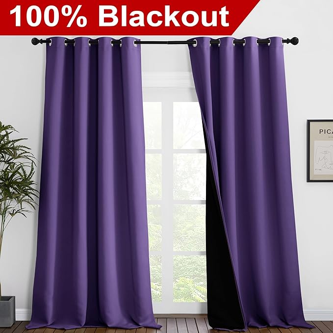 NICETOWN 100% Blackout Blinds, Set of 2, 52 inches x 120 inches, Laundry Room Decor Window Treatment Curtains for Large Patio Sliding Door, Thermal Insulated Lilac Purple Curtains for Bedroom