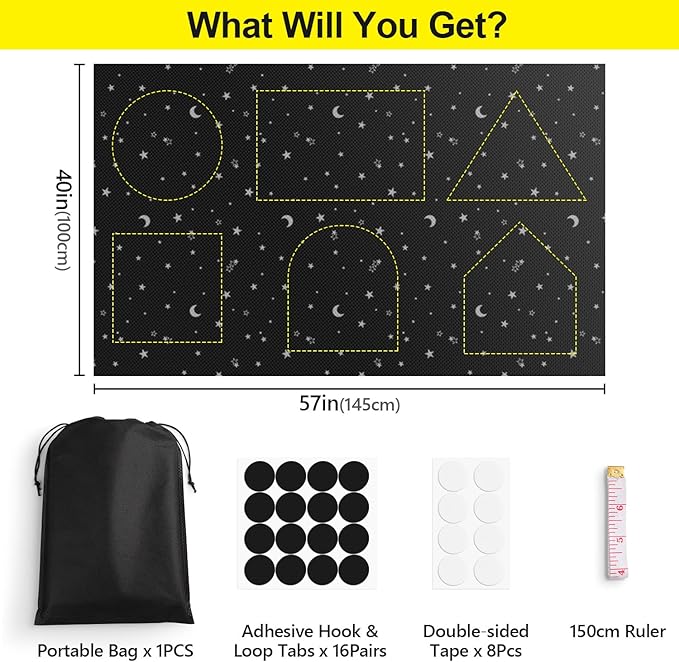 FADOTY 100% Blackout Window Cover Film, Portable Black Out Curtains for Bedroom, Cuttable Blackout Shades Fabric Sheet, No Drill Window Blinds, Sun Heat Light Blocker for Travel Media Dorm, 57'' W