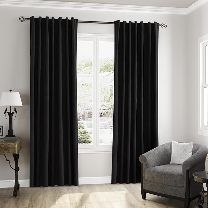 Guken Black 100% Blackout Curtains 108 Inch Length 2 Panels Set for Living Room Bedroom Back Tab Thermal Insulated Black Out Linen Drapes Room Darkening Window Curtains 52x108