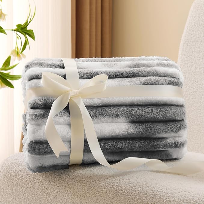 BEDELITE Fleece Throw Blanket for Couch - 300GSM Soft & Warm Fluffy Tie-dye Grey Blanket, Decorative and Giftable Striped Blankets for Women, Men, 50"x60"
