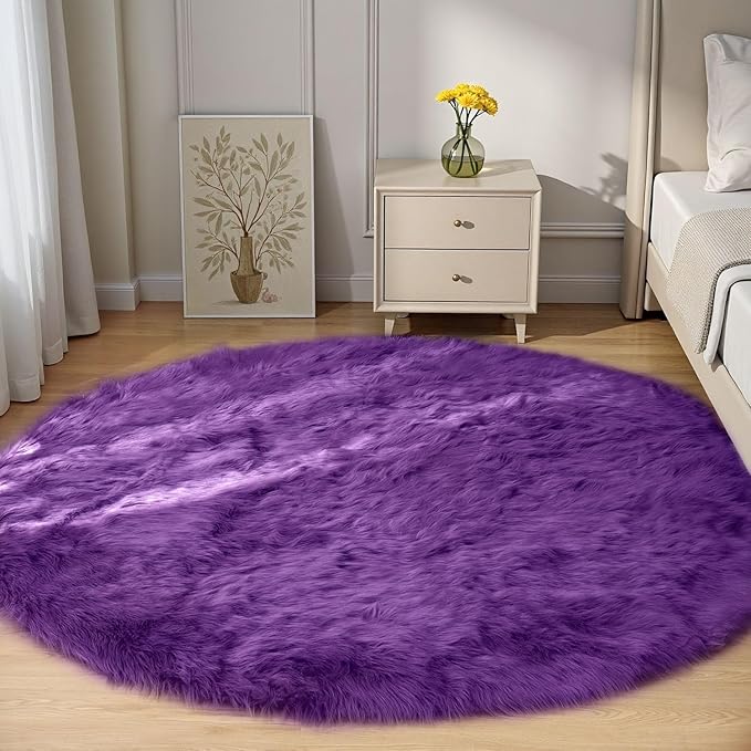 Goolela Purple Circle Rug 5ft Fluffy Round Fuzzy Furry Faux Fur Sheepskin Carpet for Bedroom Living Room Plush Washable