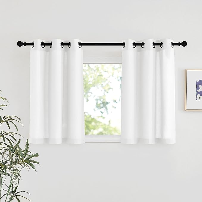 NICETOWN White Linen Kitchen Window Curtains Over Sink, Grommet Thick Linen White Short Window Treatments Privacy Assured with Light Filtering for Bedroom/Bathroom, W34 x L36, 2 Panels