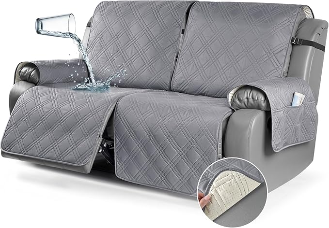 TAOCOCO 100% Waterproof Oversized Loveseat Recliner Cover, Non Slip Split Couch Covers for Reclining Loveseat with Elastic Straps for Kids Pets(Oversized 2 Seater, Gray)