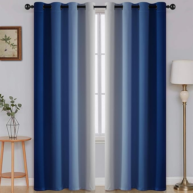 SimpleHome Ombre Room Darkening Curtains for Bedroom, Gradient Royal Blue to Grey White Light Blocking Thermal Insulated Grommet Window Curtain/Drapes for Living Room,2 Panels, 52x84 inches Length