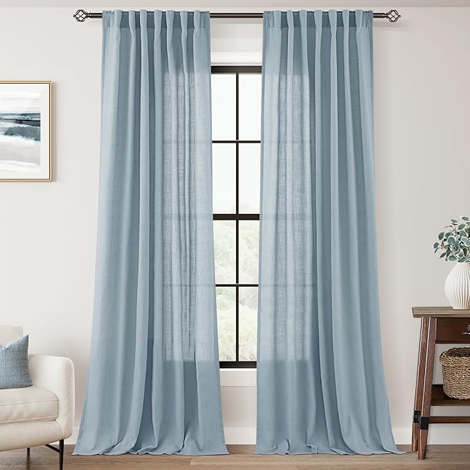 Dusty Blue Linen Curtains for Living Room Back Tab Light Filtering Semi Sheer Light Blue Bedroom Curtain Linen Cotton Textured Grey Blue Drapery Panel Airy Modern Farmhouse Aesthetic Decor 52x120 Long