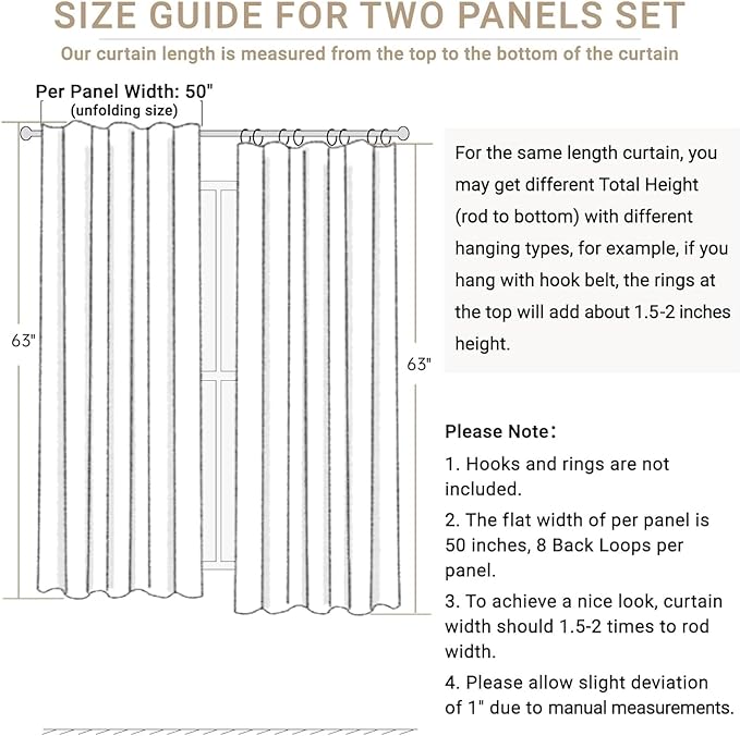 100% Blackout Shield 100% Polyester Blackout Curtains for Bedroom 63 Inches Long, Back Tab/Rod Pocket Living Room Drapes, Thermal Insulated Blackout Curtains 2 Panels Set, 50" W x 63" L, Bright White