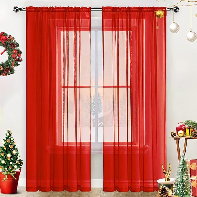 SpaceDresser Sheer Voile Window Treatment Rod Pocket Curtain Panels for Kitchen Bedroom Living Room Drapes Sunlight Filtering Privacy Semi Home Decor Assorted (Red, 52 W x 45 L)