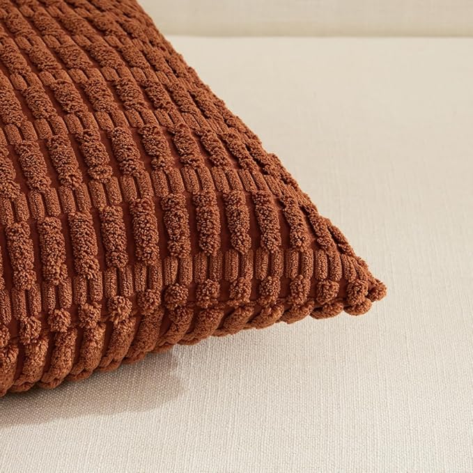 Fancy Homi 4 Packs Rust Decorative Throw Pillow Covers 12x24 Inch for Living Room Couch Bed Sofa, Terracotta Rustic Farmhouse Boho Home Decor, Soft Plush Striped Corduroy Square Cushion Case 30x60 cm
