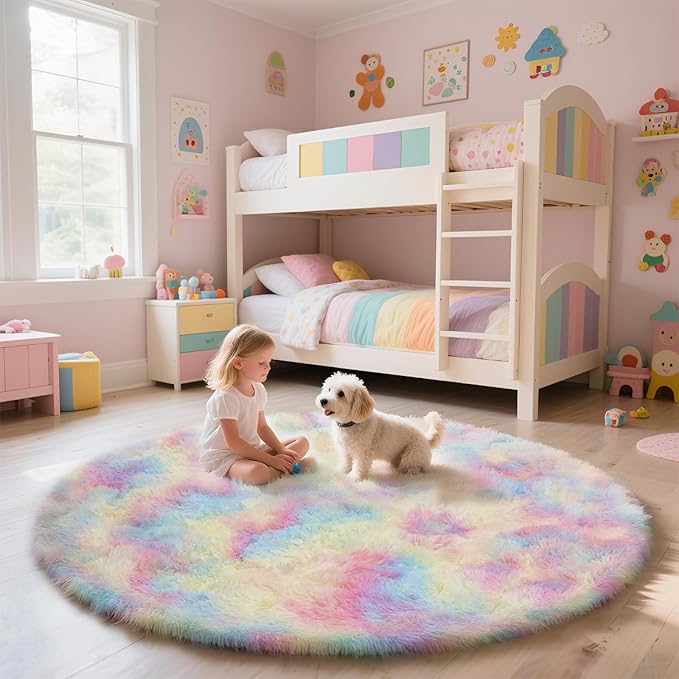 yulidayang Rainbow Fluffy Round Area Rugs for Bedroom,3Ft Shag Circle Area Rugs for Girls Room,Non Slip Fuzzy Plush Rug for Kids Room Living Room and Dorm Home Decor Rug