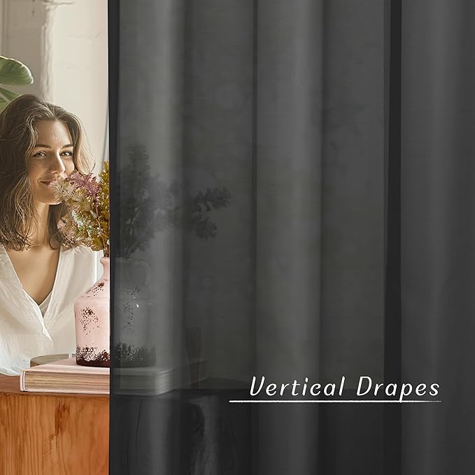 NICETOWN Sheer Window Curtain 84" - Ring Top Window Treatments Home Decorations Voile Panels Drapes with for Living Room/Patio Door (54 Inches Wide, Black, 2 Panels)