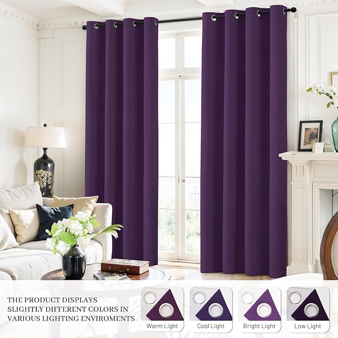 Yakamok Room Darkening 100% Blackout Curtains Grommet Window Treatments with 2 Thick Layers-Purple Thermal Insulated Drapes Set of 2 Panels for Bedroom Living Room 52 Inches by 72 Inches Length