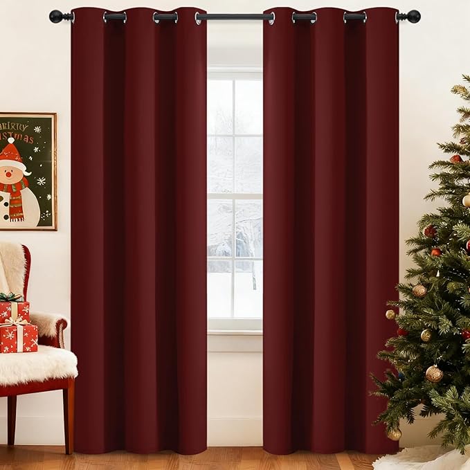 Yakamok Blackout Curtains for Bedroom, Thermal Insulated Blackout Window Curtains with Grommet Top for Living Room- Burgundy Red- 38W x 84L -2 Panels