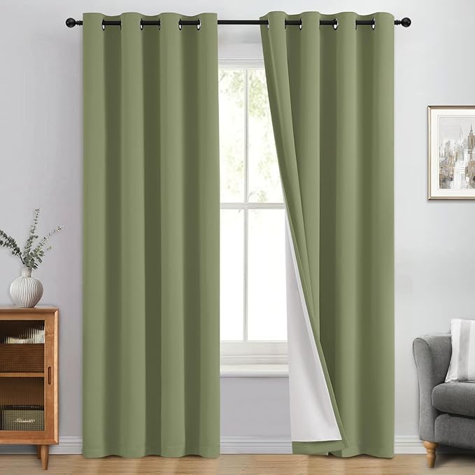 Yakamok 100% Blackout Curtain Panels 84 inches Cold and Light Blocking Drapes for Nursery, 2 Thick Layers Thermal Insulated Draperies (2 Pieces, 50 Wide Each Panel, Sage Front with White Backing)