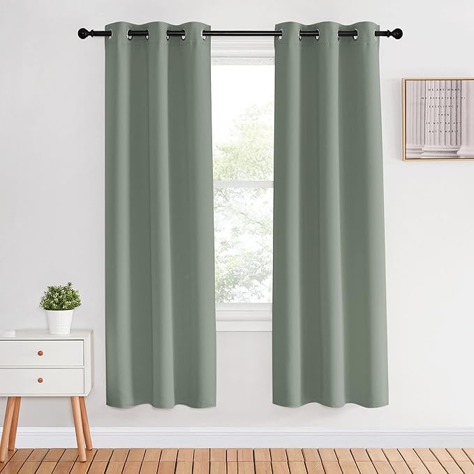 NICETOWN Bedroom Curtain Panels Blackout Draperies, Greyish Green, 1 Pair, 34 by 70-inch, Thermal Insulated Solid Grommet Blackout Curtains/Drapes
