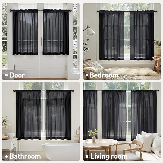 MIULEE Short Curtains 30 Inches Long, 4 Panels Set, Light Filtering Half Window Tier Black Sheer Curtains for Kitchen/Bathroom, 42W x 30 Inches