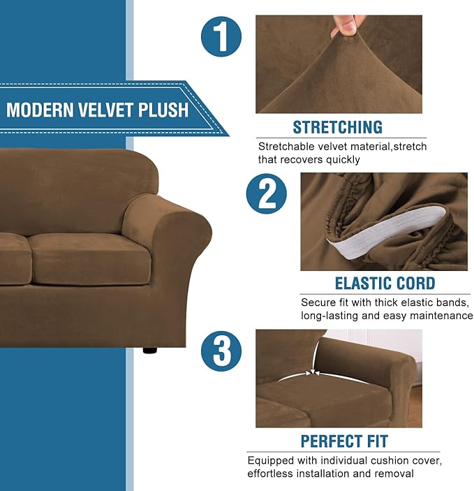 H.VERSAILTEX Modern Velvet Plush 4 Piece High Stretch Sofa Slipcover Furniture Protector Form Fit Velvet Extra Large Sofa Cover for 3 Cushion Couch Width Up to 105 Inch (XL Sofa, Bronze Brown)