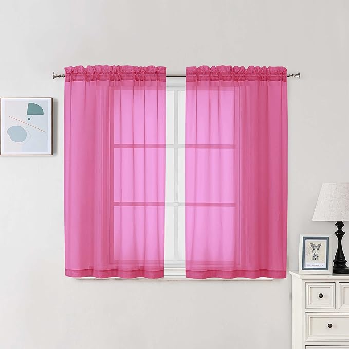 Chyhomenyc Sheer Curtains 54 Inch Long 2 Panels Set, Light Filtering Short Soft Airy Short Cafe Curtains, Modern Rod Pocket for Dinning Living Room Bedroom, Each 42Wx54L in, 2PCS, Hot Pink