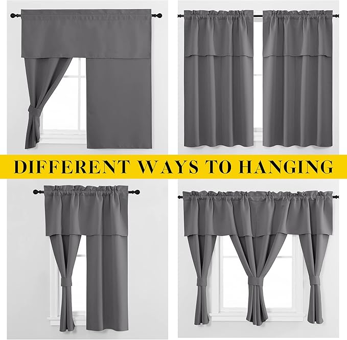 NICETOWN Short Curtains with Attached Valance for Small Window, Thermal Insulated Rod Pocket Room Darkening Curtains for Living Room, 52" Wide x 45" Long, 2 Panels, Grey