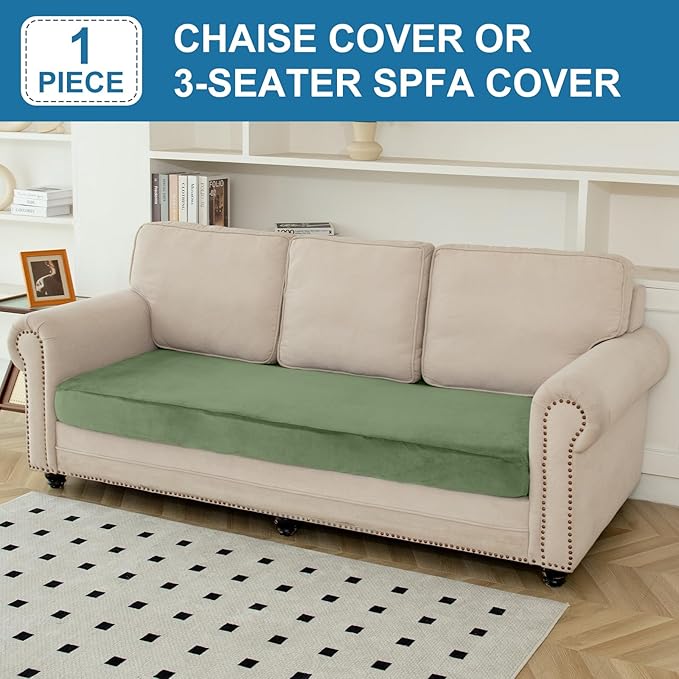 Couch Cover Velvet Chaise Cushion Cover for Sectional Sofas - Elastic L-Shaped Sofa Seat Covers Washable, Slipcover Protector (1-Piece, Avocado Green)