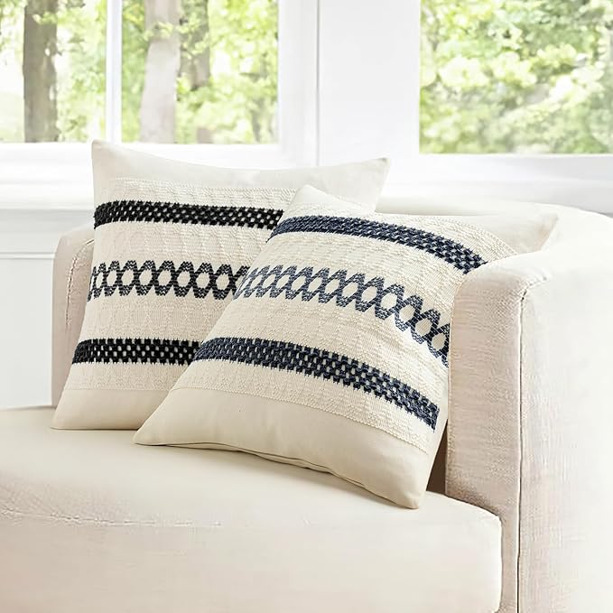 MIULEE Set of 2 Navy Blue Boho Decorative Pillow Covers 18x18 Inch Farmhouse Rustic Couch Throw Pillows Modern Spring Cotton Cushion Covers Retro Cute Macrame Woven Home Decor for Bed Sofa Chair