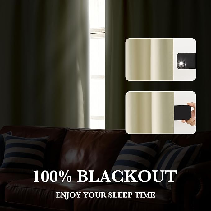 RYB HOME 100% Blackout Basement Curtains 24 inches Long, Heat & UV Blocking Total Room Darkening Noise Reducing Curtains for Bathroom RV Campers, Beige, 2 Panels Set
