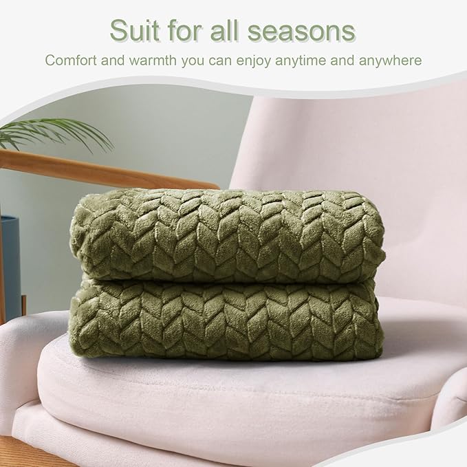 Exclusivo Mezcla Fleece Throw Blanket for Couch and Bed, 50x70 Inches Soft Cozy Jacquard Flannel Blankets, Lightweight Fuzzy Plush Warm Throws for Women, Olive Green